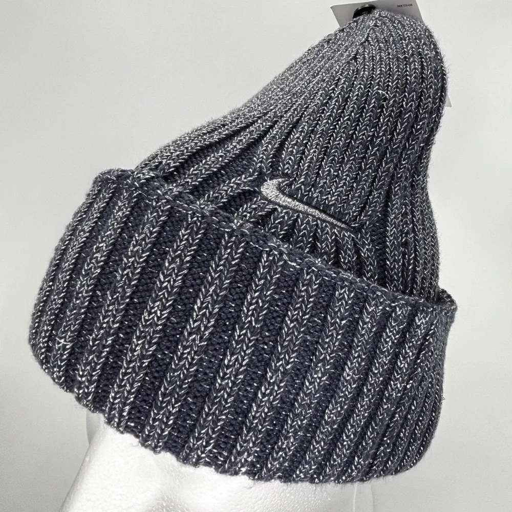 NEW Nike Beanie Hat Blue Heather Rib Knit Fleece Lined Cuffed NWT One Size Women